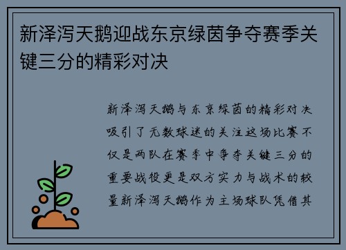 新泽泻天鹅迎战东京绿茵争夺赛季关键三分的精彩对决 新泽泻天鹅迎战东京绿茵争夺赛季关键三分的精彩对决